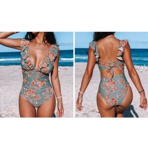 NWT Cupshe Sunny Flower Ruffle Lace Back One Piece Swimsuit Blue Floral L